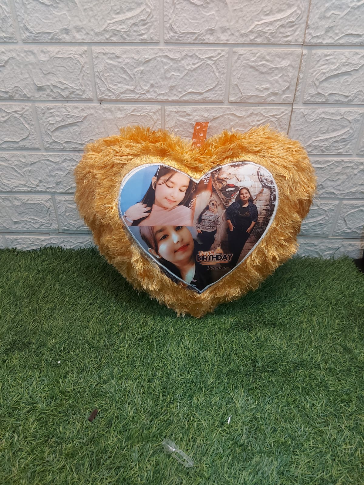 Personalized red fur heart cushion