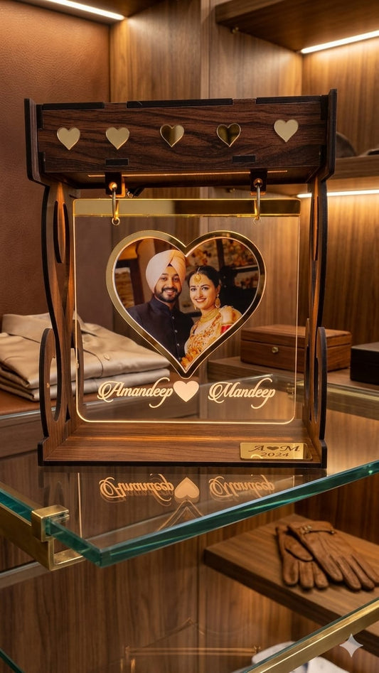 Customized LED Couple Photo Frame with Wooden Stand | Personalized Heart Photo Gift