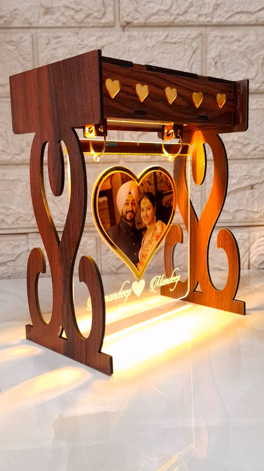 Customized LED Couple Photo Frame with Wooden Stand | Personalized Heart Photo Gift