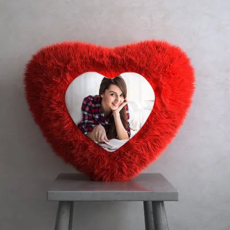 Personalized red fur heart cushion