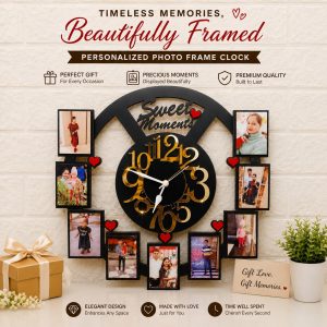 Personalized Photo Frame Wall Clock with Custom Family Photos, Premium MDF Decorative Wall Clock for Home Décor and Gifts