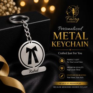 Personalized advocate metal keychain featuring the advocate band symbol with custom name engraving in stainless steel.