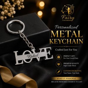 Personalized metal LOVE keychain with custom name engraving in premium silver finish.