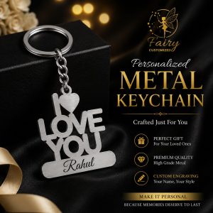 Personalized I Love You metal keychain with custom name engraving in premium stainless steel finish.