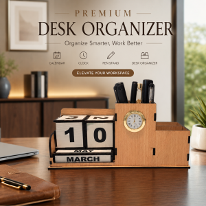 Premium Wooden Desk Organizer with Calendar & Clock