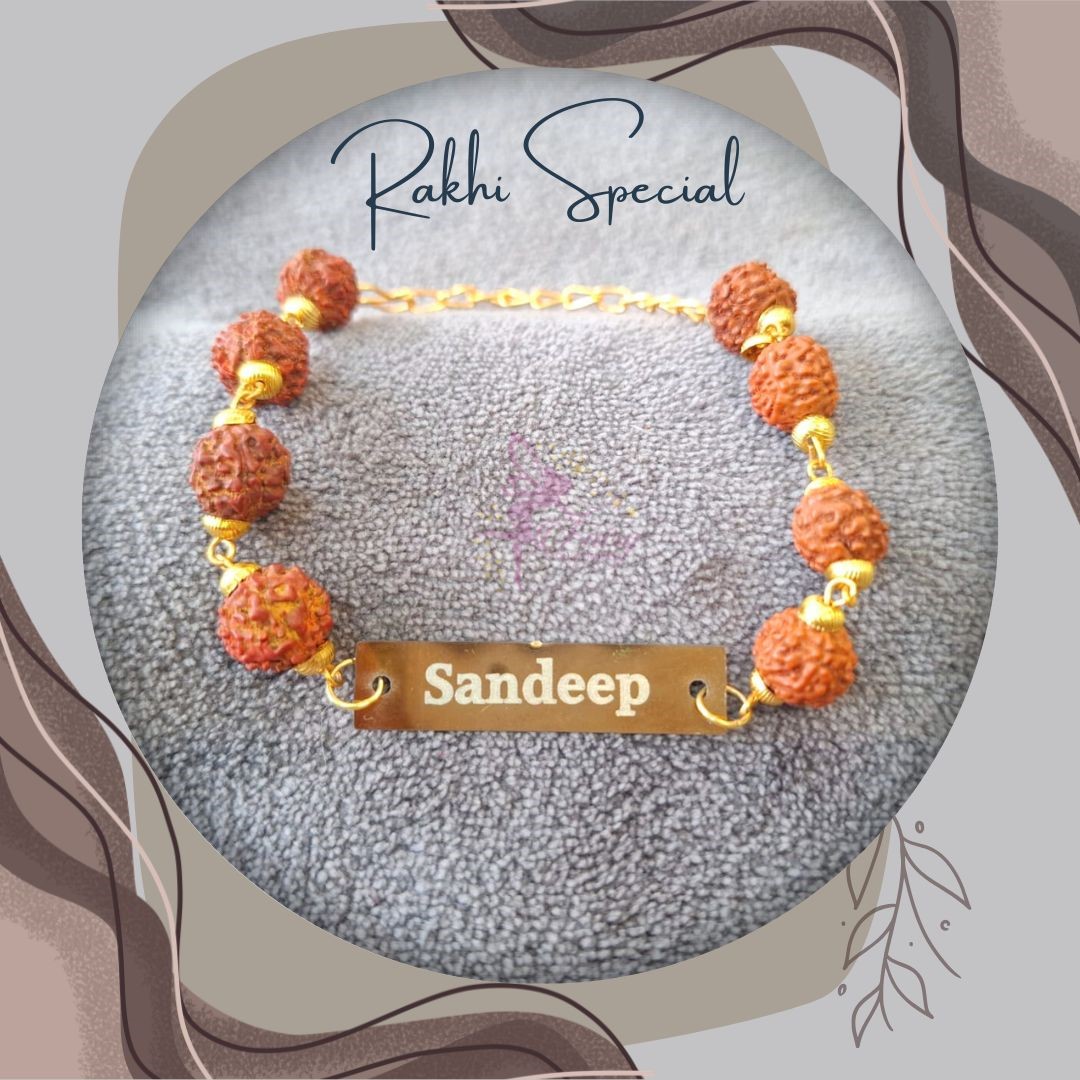 Personalized Metal Rakhi with Rudraksha Chain
