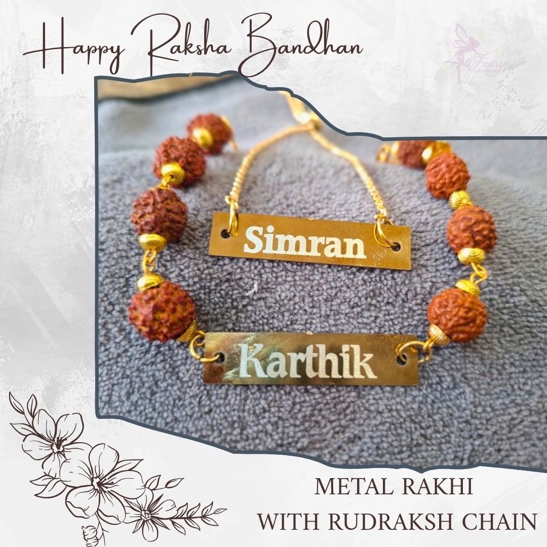 Personalized Metal Rakhi with Rudraksha Chain - Image 3