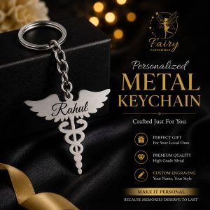 Personalized Metal Doctor Keychain with custom engraved name "Rahul", featuring a stainless steel medical symbol design, displayed on a black gift box with an elegant premium background. Perfect gift for doctors, nurses, and medical students.