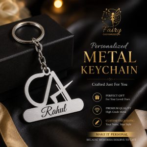 Personalized metal initial keychain with custom engraved name "Rahul" in brushed stainless steel finish, displayed on a luxury black gift box. Premium custom keychain gift for men and women.